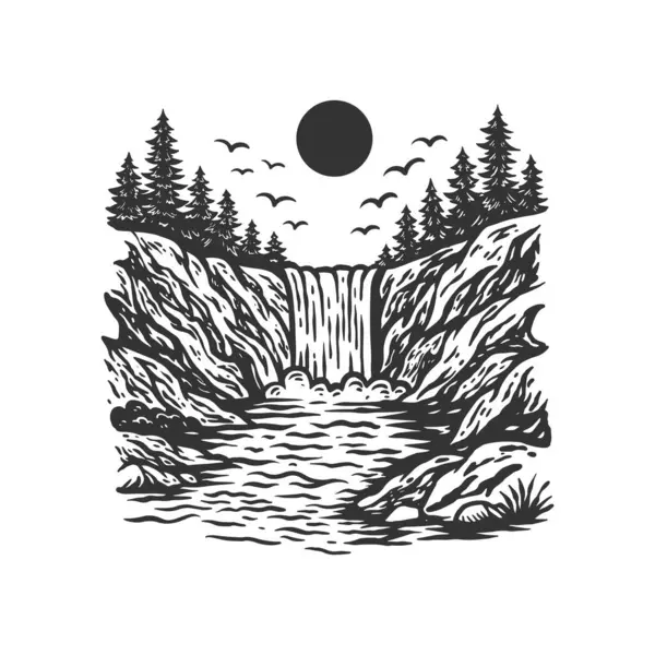 Şelale Manzarası Çizimi, Klasik Doğa Sahnesi, Orman Nehri Çizimi