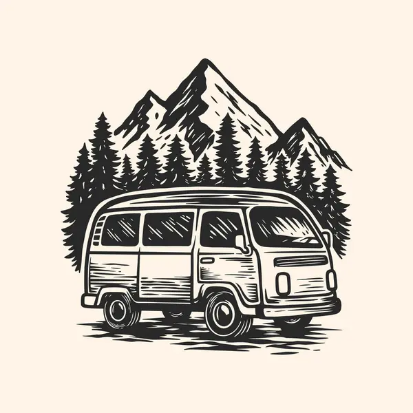 Vintage Kamp Van Illustration, Mountain Road Trip, Pine Forest Adventure