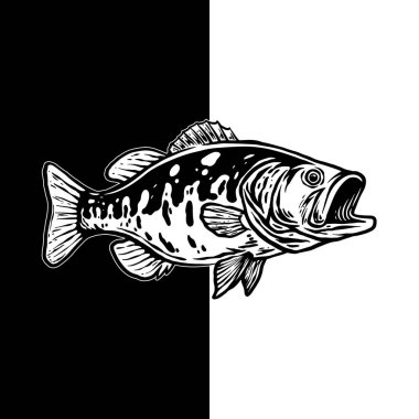 Largemouth Bas Vektörü, Siyah ve Beyaz Balık İllüstrasyonu, Bas Balıkçılık Clipart, Balık Şablonu