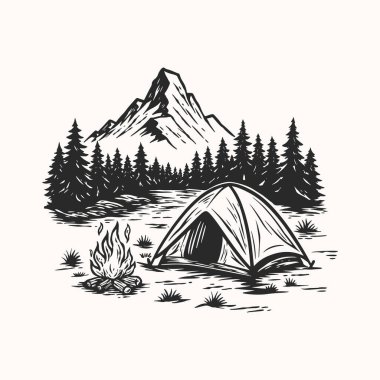 Kamp Çadırı Çizimi, Vintage Dağ Çadırı Çizimi, Woodcut Orman Sahnesi