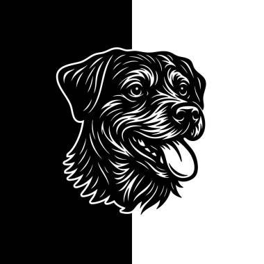 Siyah ve Beyaz Köpek Baş Vektörü, Klasik Hayvan İllüstrasyonu, El Çizimi Köpek Portre Sanatı