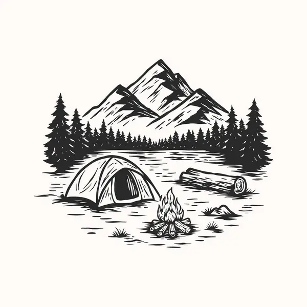 Kamp Çadırı Çizimi, Vintage Dağ Çadırı Çizimi, Woodcut Orman Sahnesi