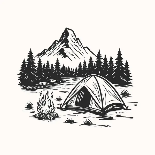 Kamp Çadırı Çizimi, Vintage Dağ Çadırı Çizimi, Woodcut Orman Sahnesi