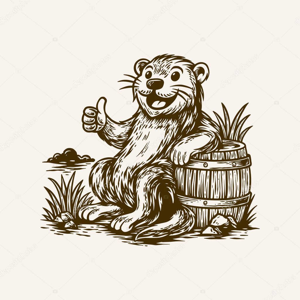 Vintage Otter Mascot, Animal Illustration, Hand Drawn River Otter Vector, Retro Wilderness Cartoon, Happy Otter Character Art