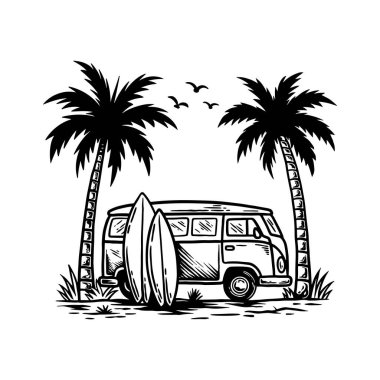 Retro Surf Van Illustration, Palm Tree Plaj Sahnesi, Klasik Yaz Macera Vektörü
