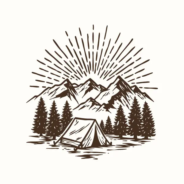 Kamp Çadırı Çizimi, Vintage Dağ Çadırı Çizimi, Woodcut Orman Sahnesi