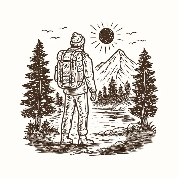 Vintage Hiker Illustration, Mountain Hiking Drawing, Outdoor Explorer Woodcut, Wilderness Vector 'da gezgin