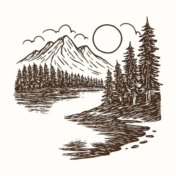 Dağ Gölü Manzarası Çizimi, Klasik Orman Sahnesi Çizimi, Vahşi Doğa Sanatı, El Çizimi Doğa Görünümü Vektörü