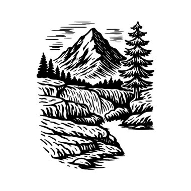 Dağ Şelalesi İllüstrasyonu, Siyah ve Beyaz Doğa Sahnesi, Klasik Vahşi Doğa Vektörü