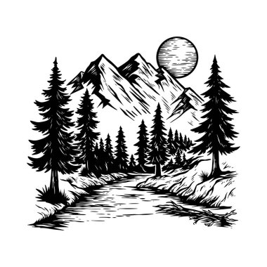 Dağ Nehri Peyzajı, Siyah ve Beyaz Vahşi Yaşam Sahnesi, El Çizimi Orman Doğa Vektörü