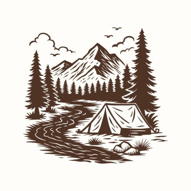 Kamp Çadırı Çizimi, Vintage Dağ Çadırı Çizimi, Woodcut Orman Sahnesi