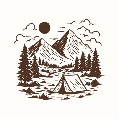 Kamp Çadırı Çizimi, Vintage Dağ Çadırı Çizimi, Woodcut Orman Sahnesi