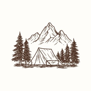 Kamp Çadırı Çizimi, Vintage Dağ Çadırı Çizimi, Woodcut Orman Sahnesi
