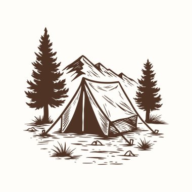 Kamp Çadırı Çizimi, Vintage Dağ Çadırı Çizimi, Woodcut Orman Sahnesi