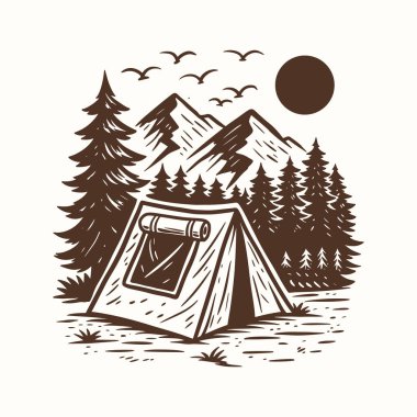 Kamp Çadırı Çizimi, Vintage Dağ Çadırı Çizimi, Woodcut Orman Sahnesi