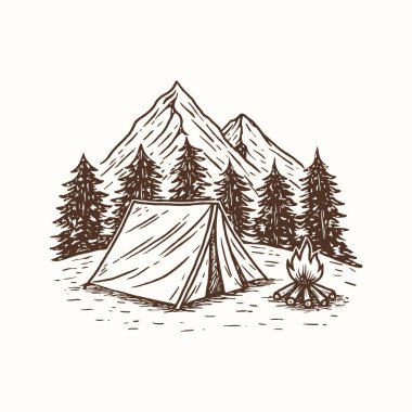 Kamp Çadırı Çizimi, Vintage Dağ Çadırı Çizimi, Woodcut Orman Sahnesi