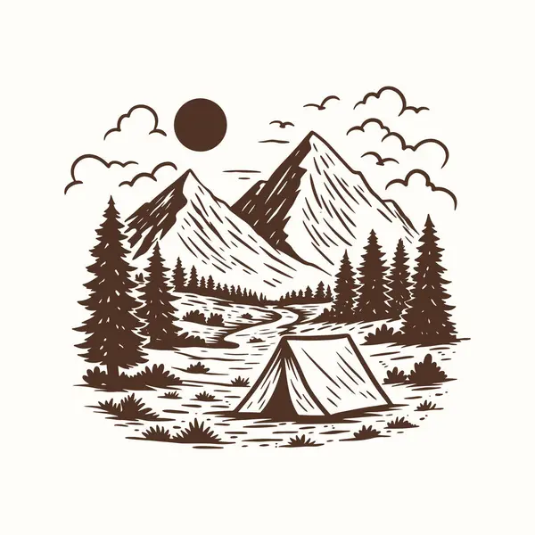Kamp Çadırı Çizimi, Vintage Dağ Çadırı Çizimi, Woodcut Orman Sahnesi