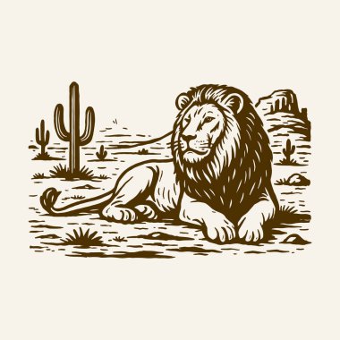 Klasik Aslan Çizimi, Çöl Aslanı Sanatı, El Çizimi Vahşi Hayvan, Retro Safari Aslanı Çizimi, Çöl Sahnesinde Görkemli Aslan