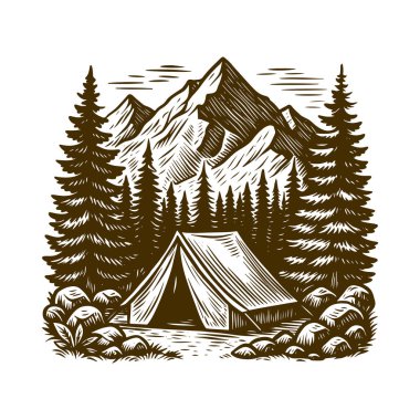 Dağ Kampı İllüstrasyonu, Eski Orman Macerası Çizimi, Retro Vahşi Arazi