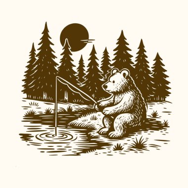 Ormandaki Balıkçı Ayı, Şirin Ayı Balık Karikatürü, Vahşi Doğa Hayvanları İllüstrasyonu, Balıkçı Çubuklu Retro Ayı