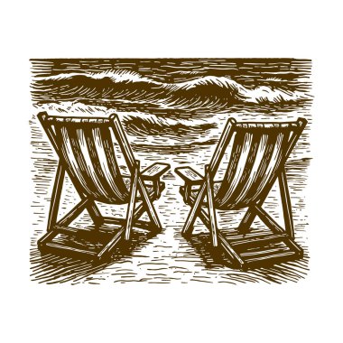 Vintage Plaj Sandalyeleri İllüstrasyonu, Sahil Güvertesi Sandalyesi Çizimi, Sahil Yaz Sahnesi, Retro Tatil Baskısı