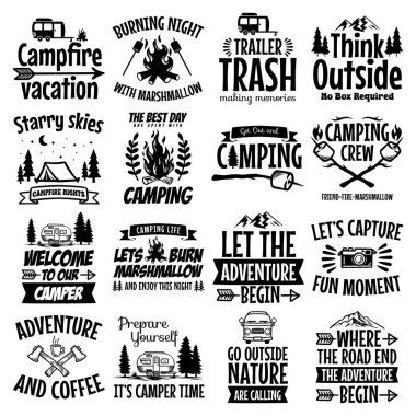 Camping Quotes Bundle, Outdoor Adventure Sayings SVG, Hiking Typography Clipart, Black and White Camper Life Lettering Set, Tent and Nature Quote Collection