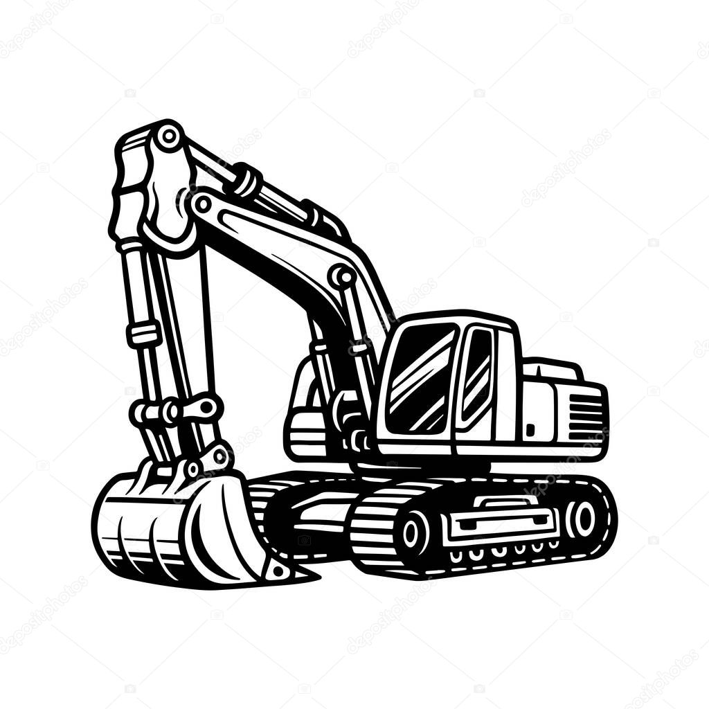 Excavator Machine Icon, Heavy Equipment Excavator, Construction Earthmoving Loader, Black and White Digger Illustration