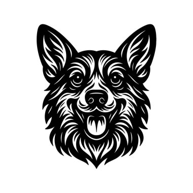 Mutlu Köpek Başı Vektörü, Siyah ve Beyaz Tüylü Köpek Surat, Linocut Hayvan İllüstrasyonu, Gülen Köpek Clipart