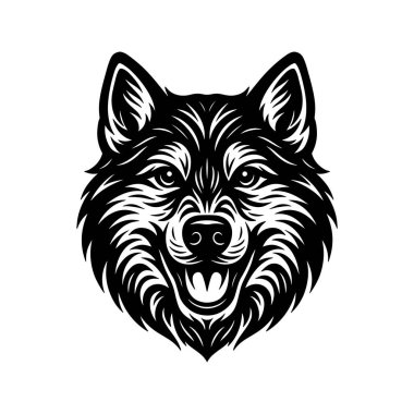  Kurt Köpek Başı Vektörü, Siyah ve Beyaz Linocut Tarzı, Husky veya Çoban Köpeği İllüstrasyonu