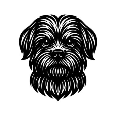 Shaggy Dog Head Vektörü, Siyah ve Beyaz Teriyer Yüzlü Görüntü, Linocut Stili Köpecik Portresi
