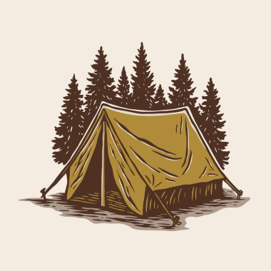 Vintage Kamp Sahnesi İllüstrasyonu, Ormandaki Çadır Zirvesi, Dağ Manzarası Çizimi, Açık Alan Macera Vektörü
