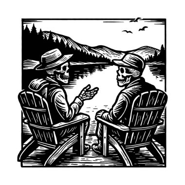 Skeleton Friends by the Lake Illustration, Gothic Campfire Conversation Clipart, Vintage Woodcut Style Skeleton Scene, Black and White Relaxing Skull Vector