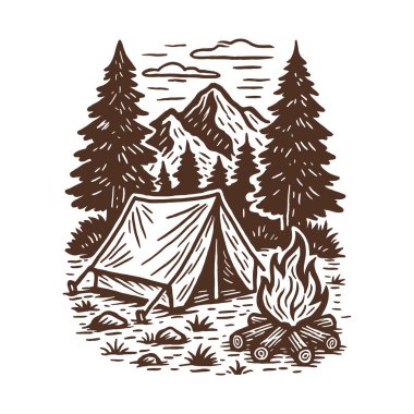 Dağ Kampı İllüstrasyonu, Eski Orman Macerası Çizimi, Retro Vahşi Arazi