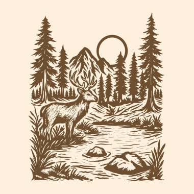 Vintage Geyik Ormanı İllüstrasyonu, Dağ Manzarası Geyik Çizimi, Vahşi Yaşam Sahne Vektörü, Kırsal Doğa Kesimi Zirvesi