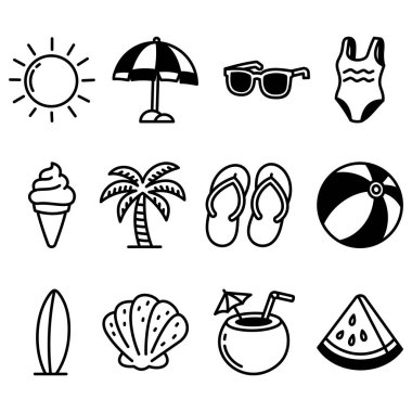 Yaz Dağıtım Simgesi Seti, Siyah ve Beyaz Plaj Elementleri, Çizgi Sanatı Yaz Clipart