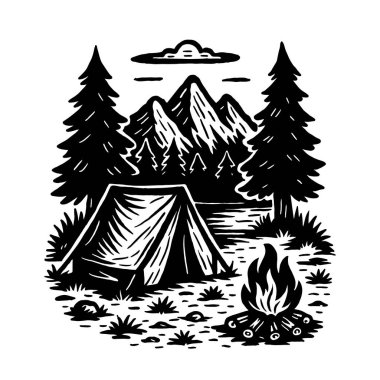 Dağ Kampı İllüstrasyonu, Eski Orman Macerası Çizimi, Retro Vahşi Arazi