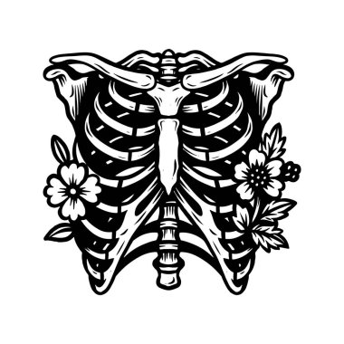 Göğüs kafesi Çiçek Dövme Vektörü, Çiçekli İskelet Göğüs Çizimi, Gotik Anatomi Sanatı
