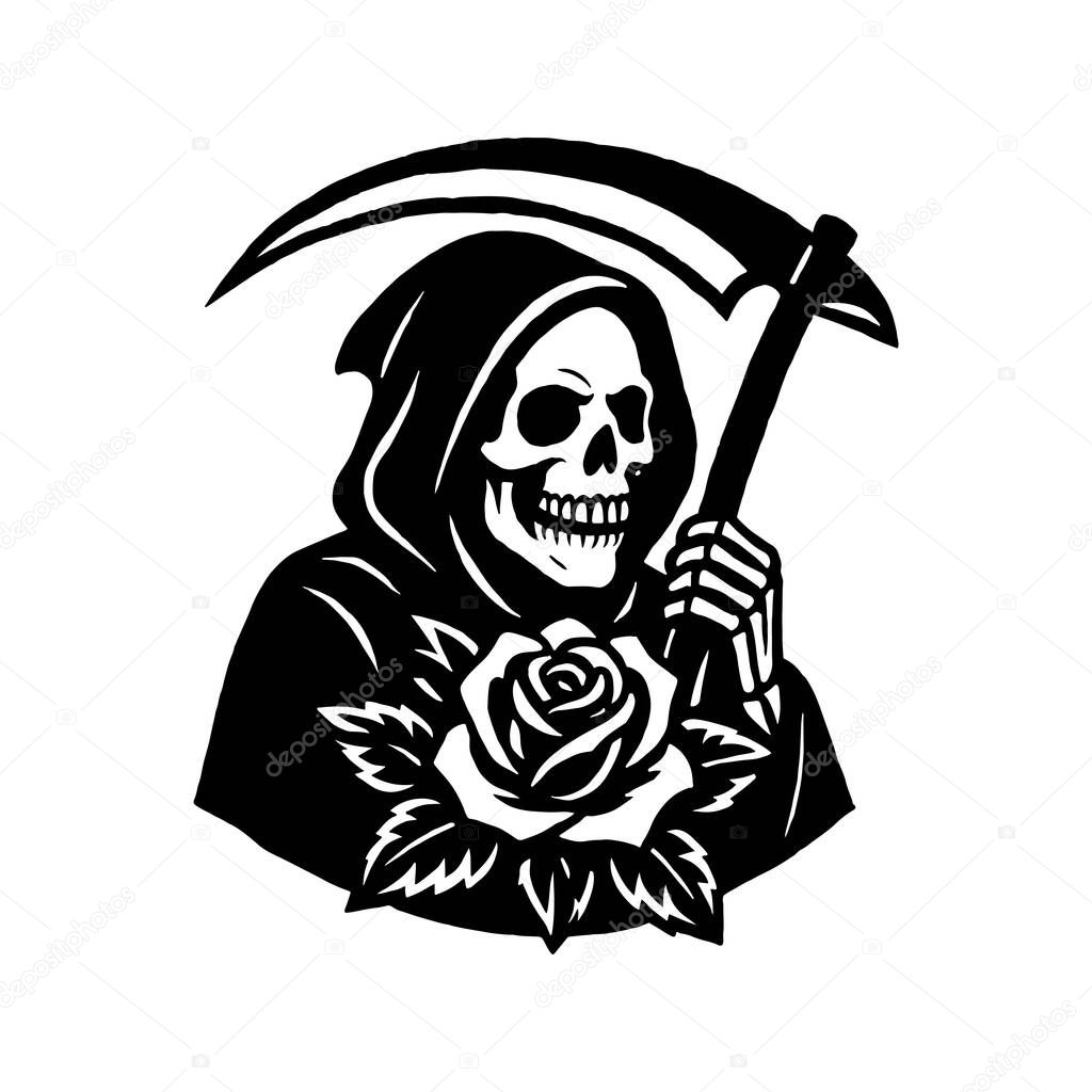 Grim Reaper Skull Vector, Death Scythe and Rose Illustration, Gothic Skeleton Clipart, Black and White Reaper Art