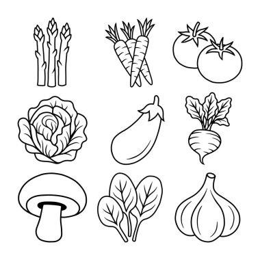 Sebze Simgesi Seti, El Çizimi Sanat, Siyah ve Beyaz Sağlıklı Yemek İllüstrasyonu