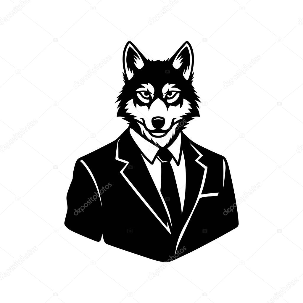Wolf Business Mascot, Animal in Suit Vector, Black and White Business Wolf Illustration