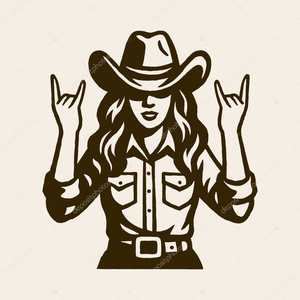 Cowgirl Rock Hand Gesture Illustration, Retro Western Woman Vector, Rodeo Style Art