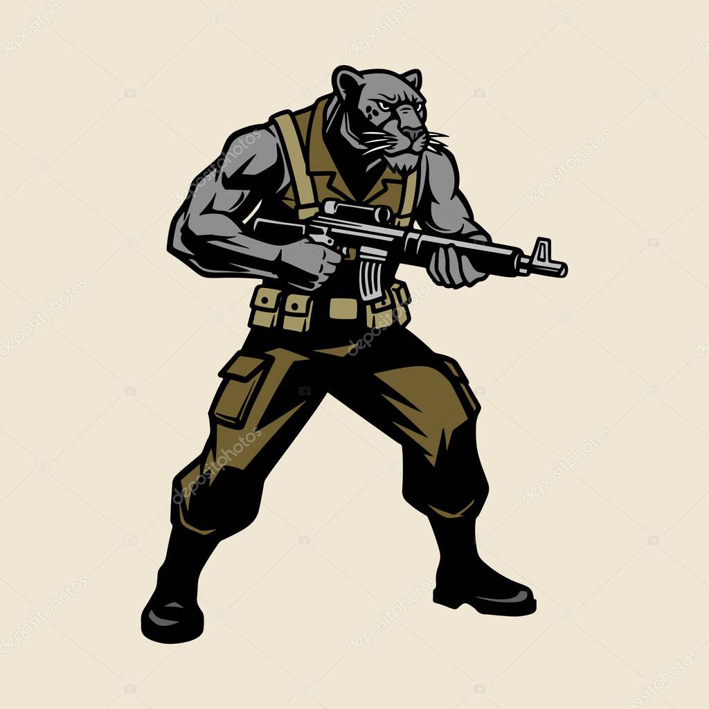 Panther Soldier Mascot, Armed Animal Character, Military Panther Vector, Tactical Cartoon Illustration