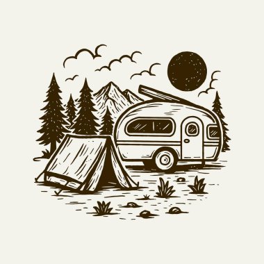  Kamp Çadırı ve Kamp Minibüsü, Dağ Ormanı Macera Sahnesi, Klasik Açık Hava Gezisi Çizimi