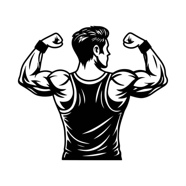 Muscular Man Vector, Bodybuilder Back Pose Illustration, Flexing Biceps Clipart, Fitness Gym Guy Silhouette, Strong Male Athlete Drawing