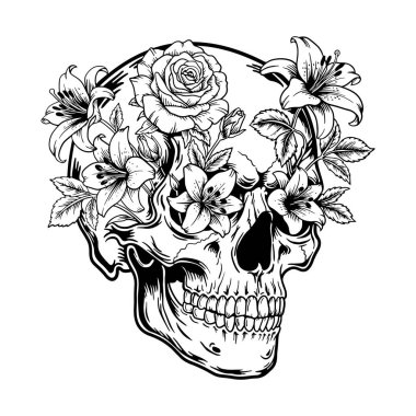 Çiçek Kurukafa Çizgisi Sanat, Çiçekli Kurukafa İllüzyonu, Siyah ve Beyaz Kafatası Vektörü