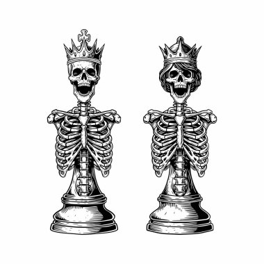 İskelet Kral ve Kraliçe Satranç Parçaları, Gotik Kafatası Çift Resimleri, Kraliyet İskelet Çizgisi Sanatı