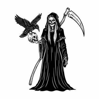 Kuzgun ve Kafatası ile Azrail Kadın, Kadın Ölüm Tutan Kafatası, Tırpan, Kafatası ve Kuzgun İllüzyonu ile Gotik Azrail