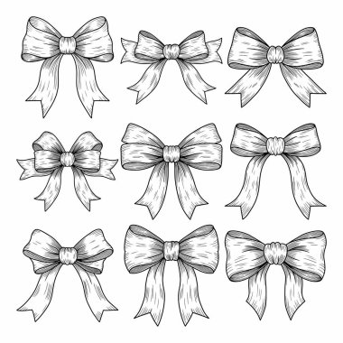 El çizimi yay seti, klasik kurdele yayı illüstrasyonu, siyah beyaz yay klitorisi.