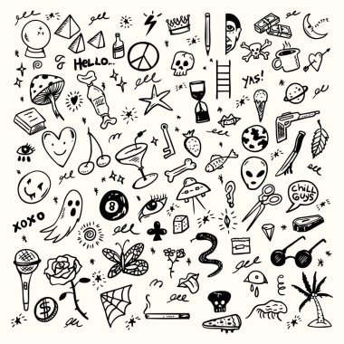  El Çizimi Simgesi Seti, Sketchy Rastgele Elementleri, Siyah ve Beyaz Karikatür Çizimleri