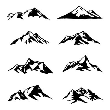 Dağ Silueti Seti, Siyah ve Beyaz Dağ Vektörü, Minimalist Tepe İllüstrasyonu, El Çizimi Dağ Zirvesi